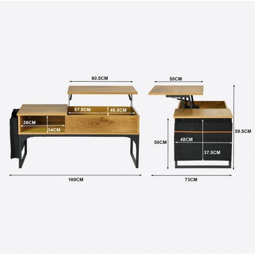 Table Basse De Salon Avec Plateau Relevable Poche De Rangement Et Compartiment Caché, Chêne
