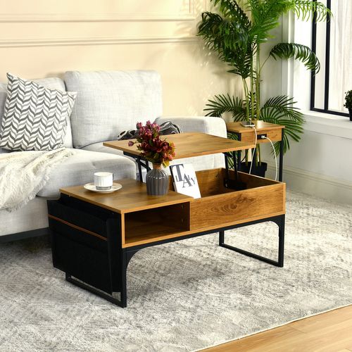 Table Basse De Salon Avec Plateau Relevable Poche De Rangement Et Compartiment Caché, Chêne