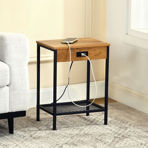 Table D'appoint Avec Station De Charge Et 4 Ports USB, Chêne, 38x28x52cm