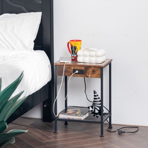 Lot De 2 Tables De Chevet Avec Station De Charge Et 4 Ports USB Bouts De Canapé, Marron, 38x28x52cm