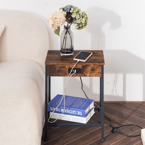 Lot De 2 Tables De Chevet Avec Station De Charge Et 4 Ports USB Bouts De Canapé, Marron, 38x28x52cm