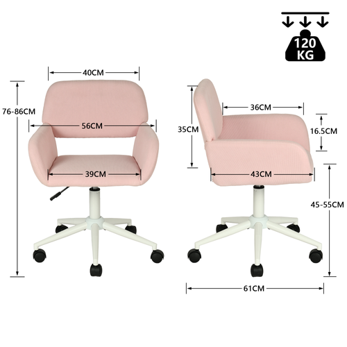 Chaise De Bureau Fauteuil Pivotant Hauteur Réglable En Velours Côtelé Rose