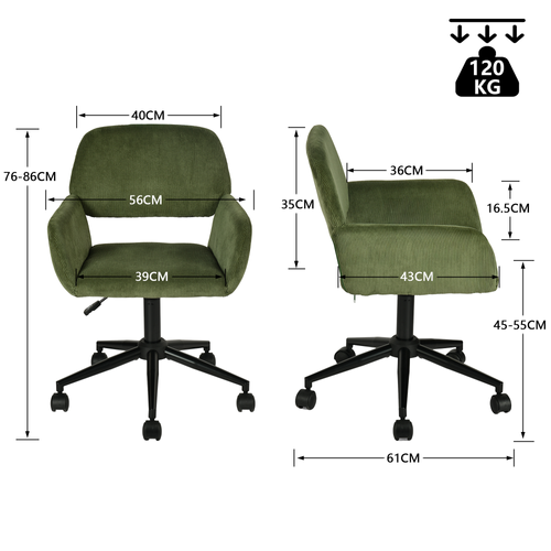 Chaise De Bureau Fauteuil Pivotant Hauteur Réglable En Velours Côtelé Vert