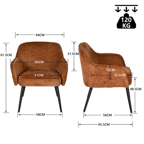 Fauteuil De Salon Pied Métal Rembourré En Tissu Chenille Couleur Caramel