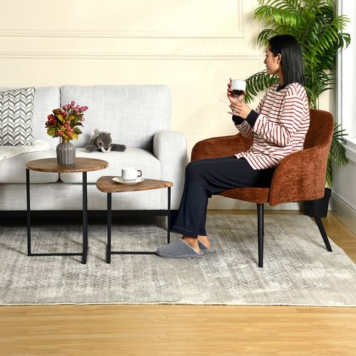 Fauteuil De Salon Pied Métal Rembourré En Tissu Chenille Couleur Caramel