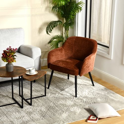 Fauteuil De Salon Pied Métal Rembourré En Tissu Chenille Couleur Caramel