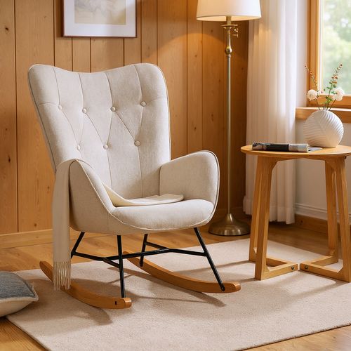 Fauteuil à Bascule Rocking Chair Revêtement En Tissu Beige
