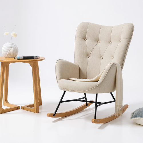Fauteuil à Bascule Rocking Chair Revêtement En Tissu Beige