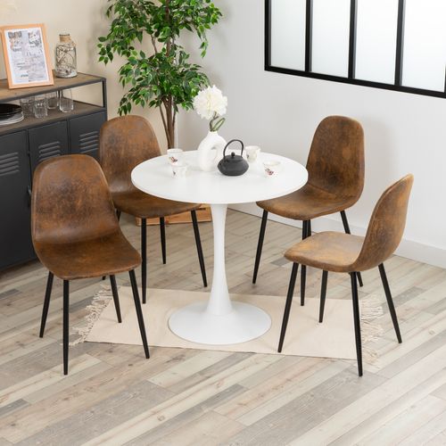 Table ronde blanche avec 4 chaises suédine marron confortables pieds en métal noirs