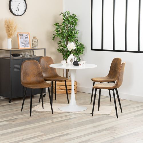 Table ronde blanche avec 4 chaises suédine marron confortables pieds en métal noirs