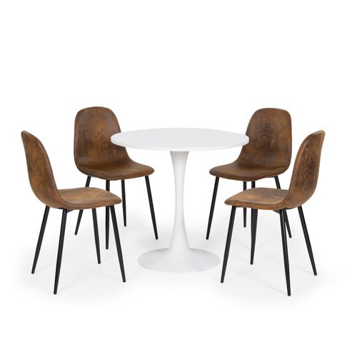 Table ronde blanche avec 4 chaises suédine marron confortables pieds en métal noirs