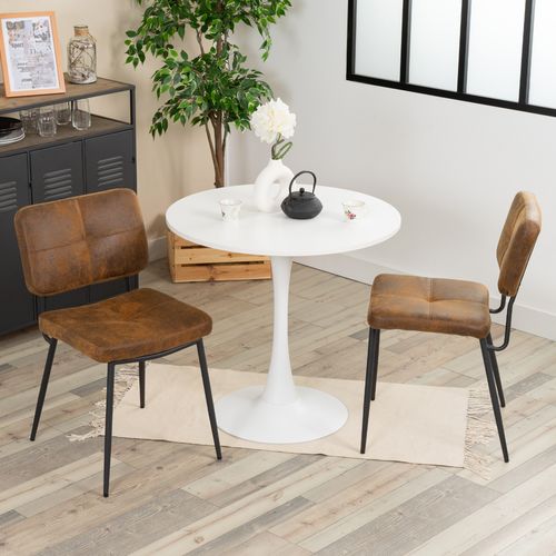 1 table ronde blanche MDF avec 2 chaises marron style industriel assise confort pieds métal noir