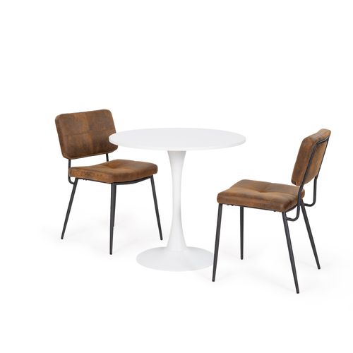 1 table ronde blanche MDF avec 2 chaises marron style industriel assise confort pieds métal noir