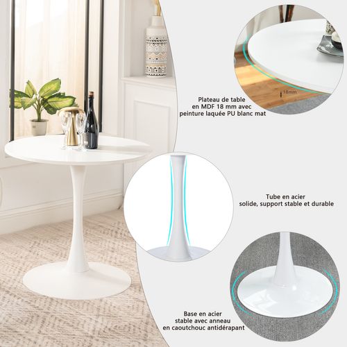 1 table ronde blanche MDF avec 2 chaises marron style industriel assise confort pieds métal noir