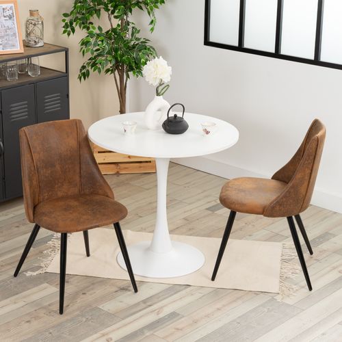 Ensemble table ronde blanche MDF style tulipe avec 2 chaises marron industriel pieds métal noir