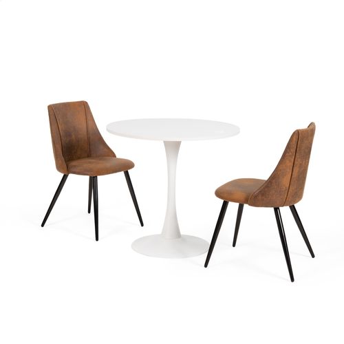 Ensemble table ronde blanche MDF style tulipe avec 2 chaises marron industriel pieds métal noir