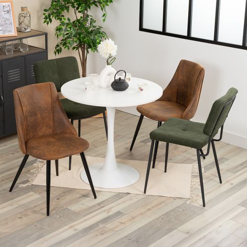 Table ronde blanche tulipe 80 cm avec 2 chaises vertes et 2 marron style industriel
