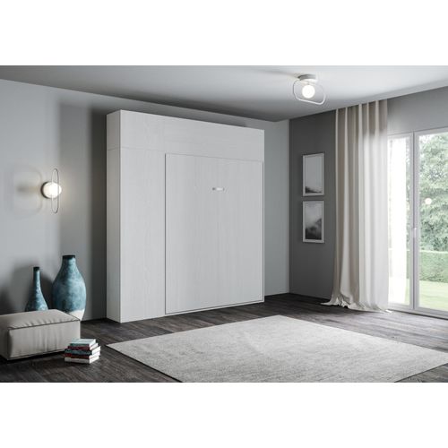 Armoire Lit Escamotable Vertical 120 Kentaro Avec Colonne Et Élements Hauts Frêne Blanc