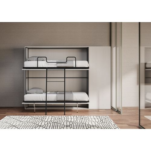 Armoire Lit Escamotable Horizontal Superposé 2 Couchages 85 Kando Avec Matelas Comp.h Frêne Blanc