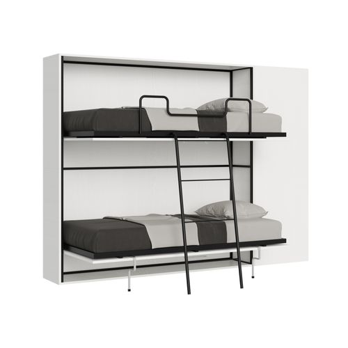 Armoire Lit Escamotable Horizontal Superposé 2 Couchages 85 Kando Avec Matelas Comp.h Frêne Blanc
