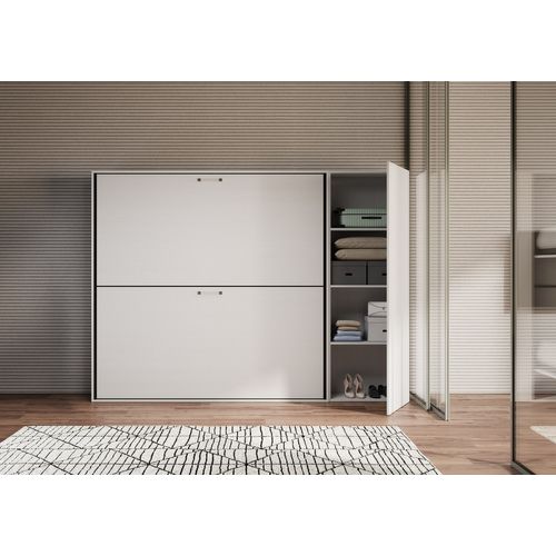 Armoire Lit Escamotable Horizontal Superposé 2 Couchages 85 Kando Avec Matelas Comp.h Frêne Blanc