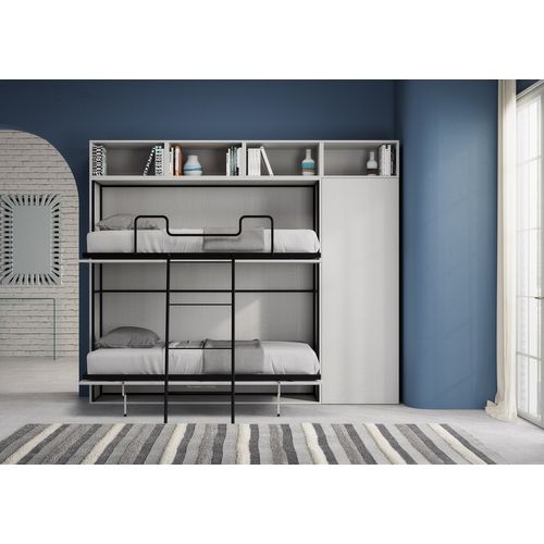 Armoire Lit Escamotable Horizontal Superposé 2 Couchages 85 Kando Avec Matelas Comp.i Frêne Blanc
