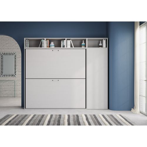 Armoire Lit Escamotable Horizontal Superposé 2 Couchages 85 Kando Avec Matelas Comp.i Frêne Blanc