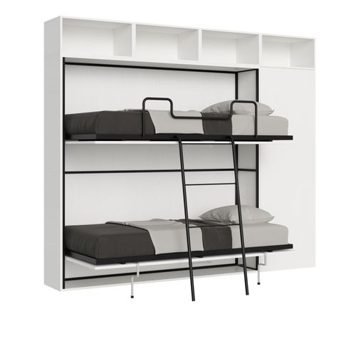 Armoire Lit Escamotable Horizontal Superposé 2 Couchages 85 Kando Avec Matelas Comp.i Frêne Blanc