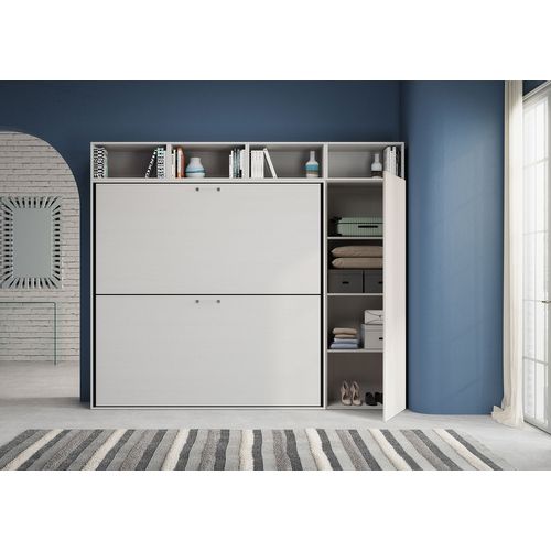 Armoire Lit Escamotable Horizontal Superposé 2 Couchages 85 Kando Avec Matelas Comp.i Frêne Blanc