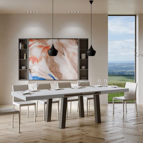 Table Extensible 90x200/304 Cm Bridge Frêne Blanc Cadre Anthracite