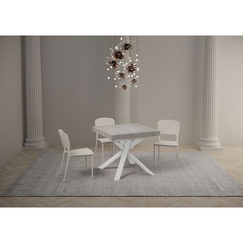Table Extensible 90x90/194 Cm Clerk Gris Béton Pieds Blancs