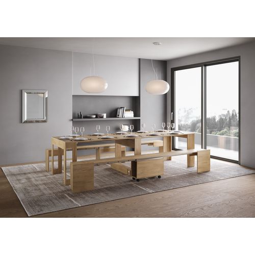Console Extensible 90x42/302 Cm Evolve Chêne Nature Avec Bancs Inférieur Et Supérieur