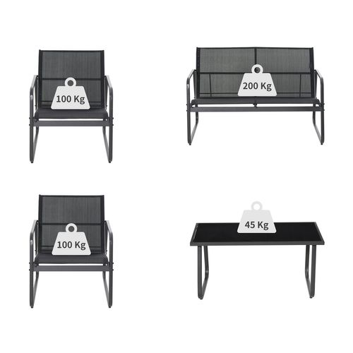 Sakura - Set De Jardin - Canapé + 2 Fauteuils + Table Basse En Fer Forgé Et Verre Trempé