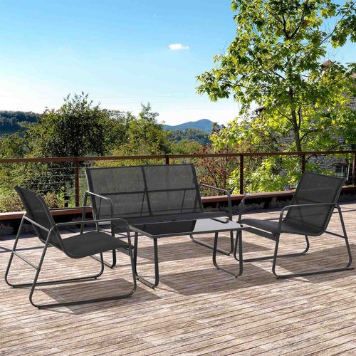 Sakura - Set De Jardin - Canapé + 2 Fauteuils + Table Basse En Fer Forgé Et Verre Trempé