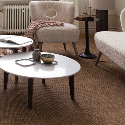 Table Basse Ronde Vintage En Manguier Et Marbre Blanc D60 - Blany