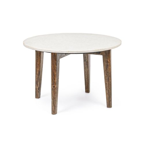 Table Basse Ronde Vintage En Manguier Et Marbre Blanc D60 - Blany