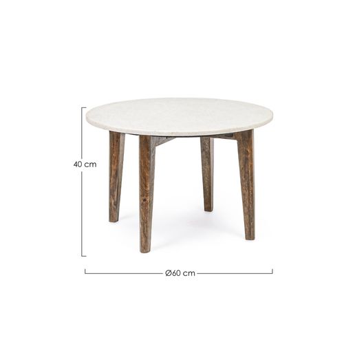 Table Basse Ronde Vintage En Manguier Et Marbre Blanc D60 - Blany