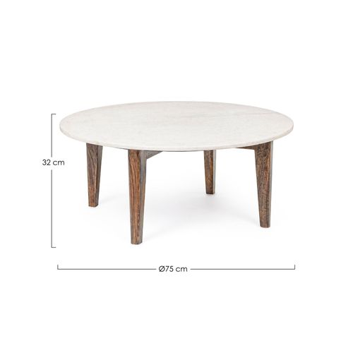 Table Basse Ronde Vintage En Manguier Et Marbre Blanc L75 - Blany