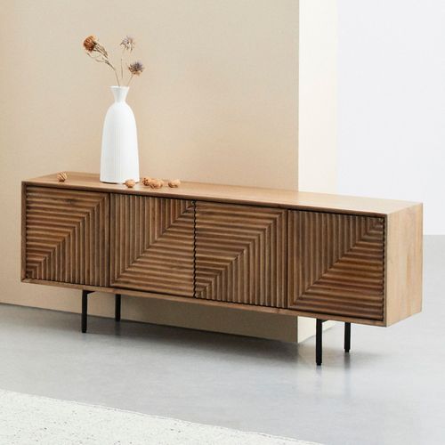 Meuble TV En Manguier 4 Portes Et Pieds Métal Noir L140 - Manaus