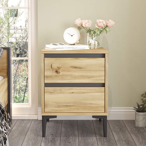 Table De Nuit 2 Tiroirs Panneau De Particules Pvc Chêne Clair Gris Foncé Moderne
