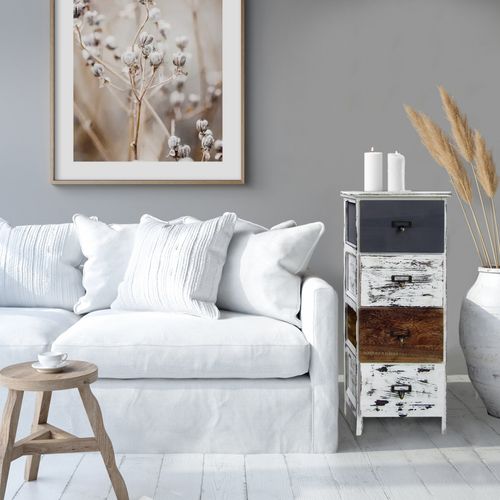 Chiffonier 4 Tiroirs Bois Rétro Blanc Gris Marron 74x28x28