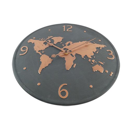 Horloge Murale Métal, Design Mappemonde, Gris Foncé Brun Cuivré, Salon Cuisine 45 Cm