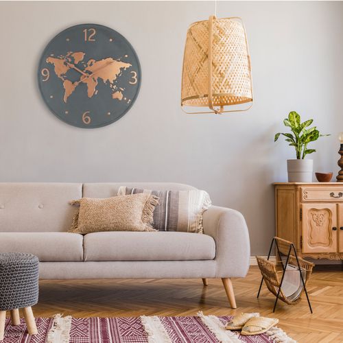 Horloge Murale Métal, Design Mappemonde, Gris Foncé Brun Cuivré, Salon Cuisine 45 Cm