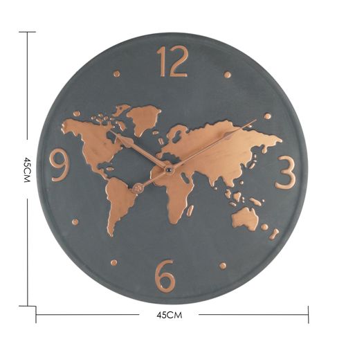 Horloge Murale Métal, Design Mappemonde, Gris Foncé Brun Cuivré, Salon Cuisine 45 Cm