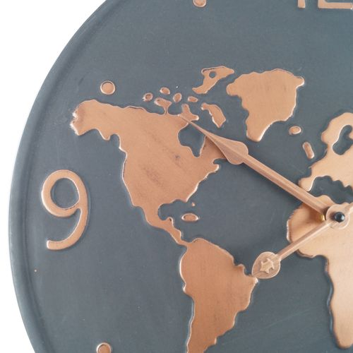 Horloge Murale Métal, Design Mappemonde, Gris Foncé Brun Cuivré, Salon Cuisine 45 Cm