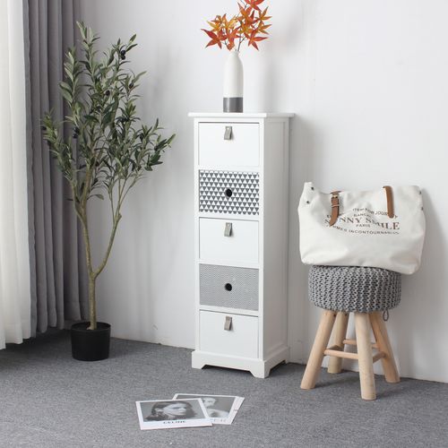 Chiffonnier 5 Tiroirs Blanc Gris Moderne Bois 93x30x25 Cm