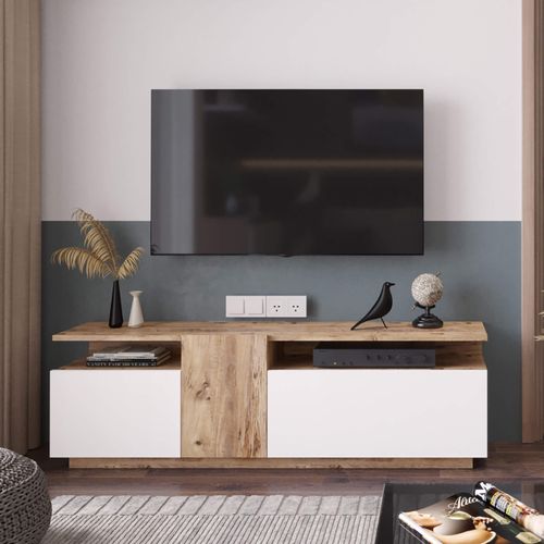 Meuble TV Nergis 46,5x150x29,5 Panneau De Particules Chêne Clair Blanc Moderne