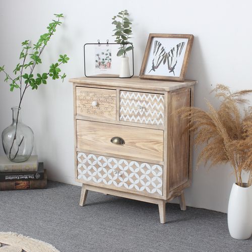 Commode 4 Tiroirs En Bois Clair Shabby Boho Pour La Cuisine L'entrée