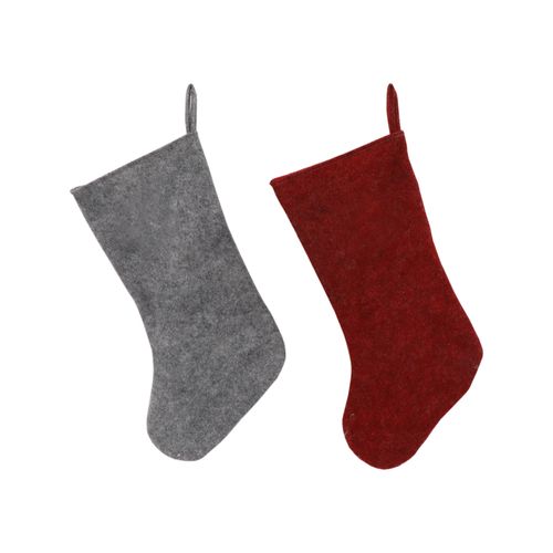 Lot 2 Bas De Noël Befana Épiphanie Rouge Gris Tissu Avec Elfe Elf Gnome