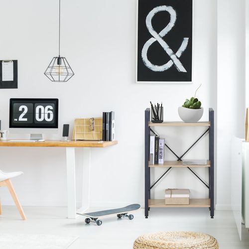 Bibliothèque 3 Étagères En Métal Et Bois Noir Beige Design Moderne